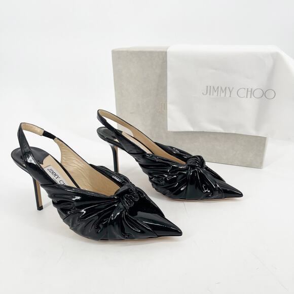 Jimmy Choo Black Leather Annabell 85 Ruched Pointed Toe Slingback Heels IT 38.5 - Picture 1 of 12